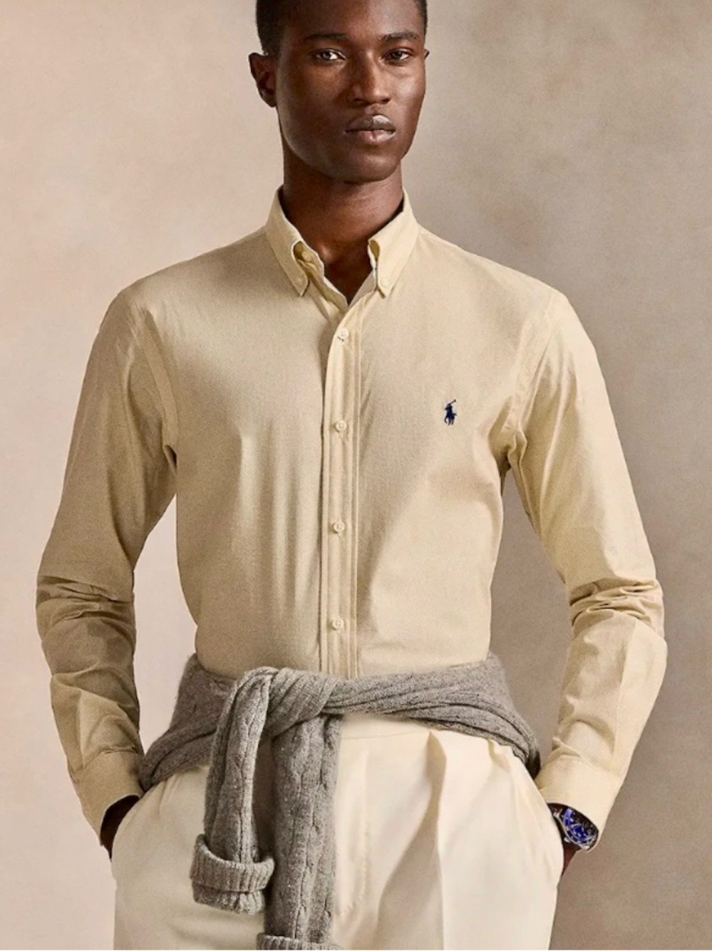 Ralph Lauren Light Yellow Button-Down Shirt with Blue Polo Logo
